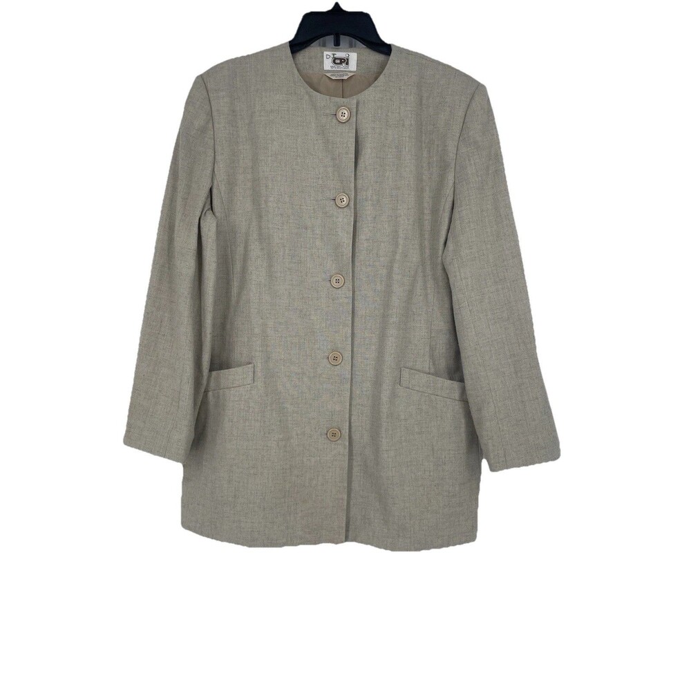 VTG Neutral Linen Blend Collarless Minimalist Button Blazer Classic Tailored